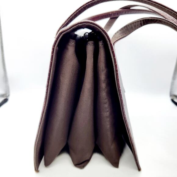 Vintage Bloomingdale's Dark Brown Leather Croc Embossed Envelope Accordion Bag - Picture 3 of 13